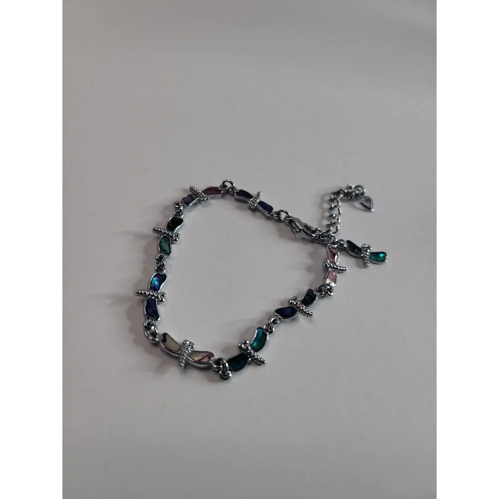 Silver Tone Multi Color Dragonfly Link Bracelet Nature Colorful Boho